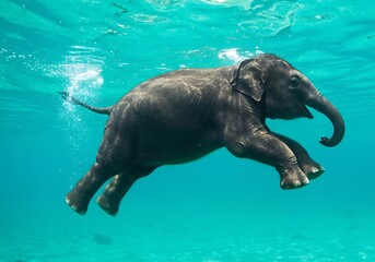 Obraz premium Playful Baby Elephant Underwater, Swimming Gracefully. Generative Ai