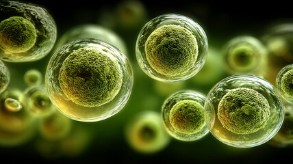  Suspended green cells inside translucent vesicles in soft focus. A concept of regeneration, potential, and the foundations of life and biotechnology.

