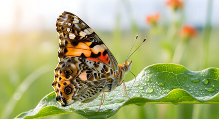 Obraz premium Beautiful Painted Lady Butterfly Perched on Green Leaf with Dew Drops in Sunlight
