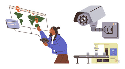 Woman studying world map with shipment routes using tablet, surveillance camera, and automated manufacturing line. Ideal for logistics, technology, security, innovation, globalization, automation