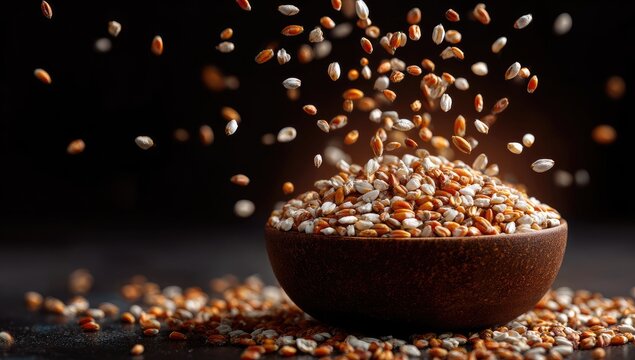 A dark brown bowl overflows with puffed grains, light and dark brown, as more grains dynamically cascade into it against a dark background