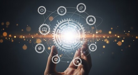 Hand Holding Digital Gears Technology Innovation Connection and Future Concepts.