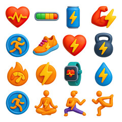 3d fitness icon set featuring heart, energy, exercise, running, shoe, and smartwatch symbols