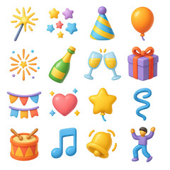 3d celebration icon set featuring star, balloon, gift, champagne, heart, music, and party hat