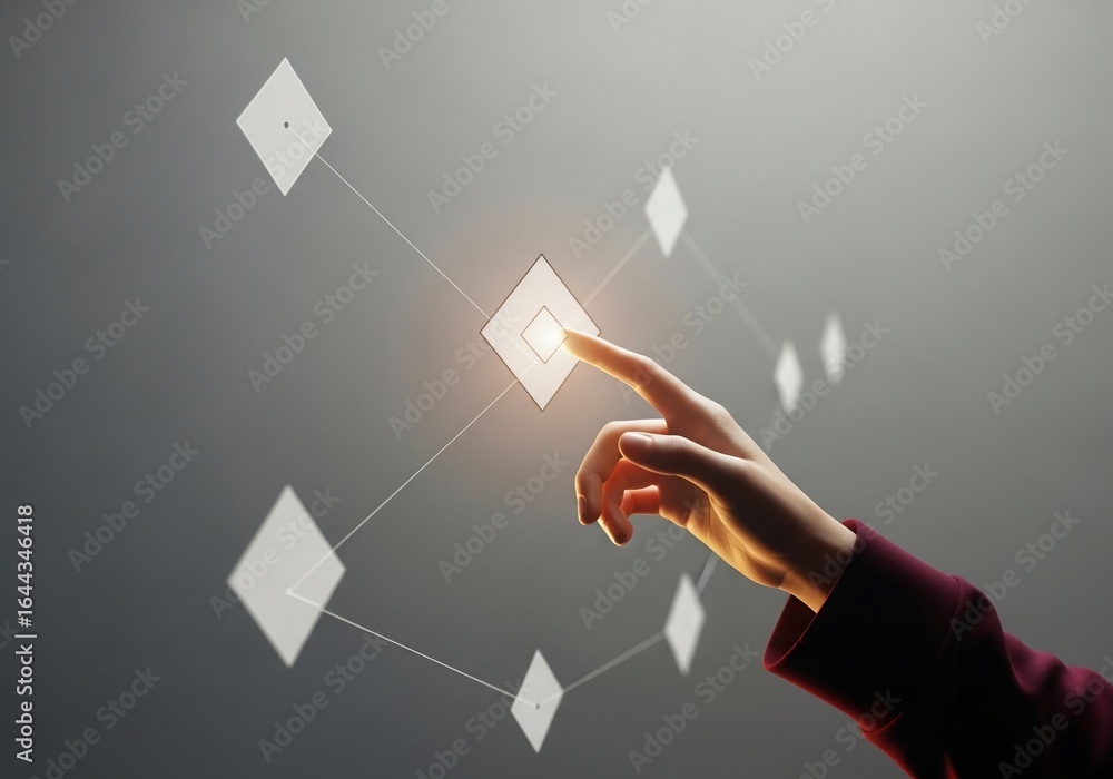 Poster illuminated diamond network hand interacting with glowing digital interface.