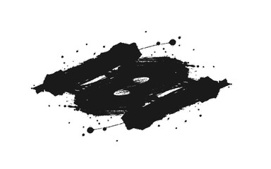 A dynamic, black ink brush stroke with splattered edges on a clean white background.