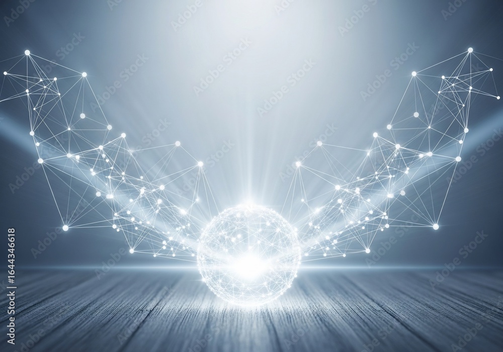 Poster luminous global network abstract sphere with interconnected nodes and rays of light.
