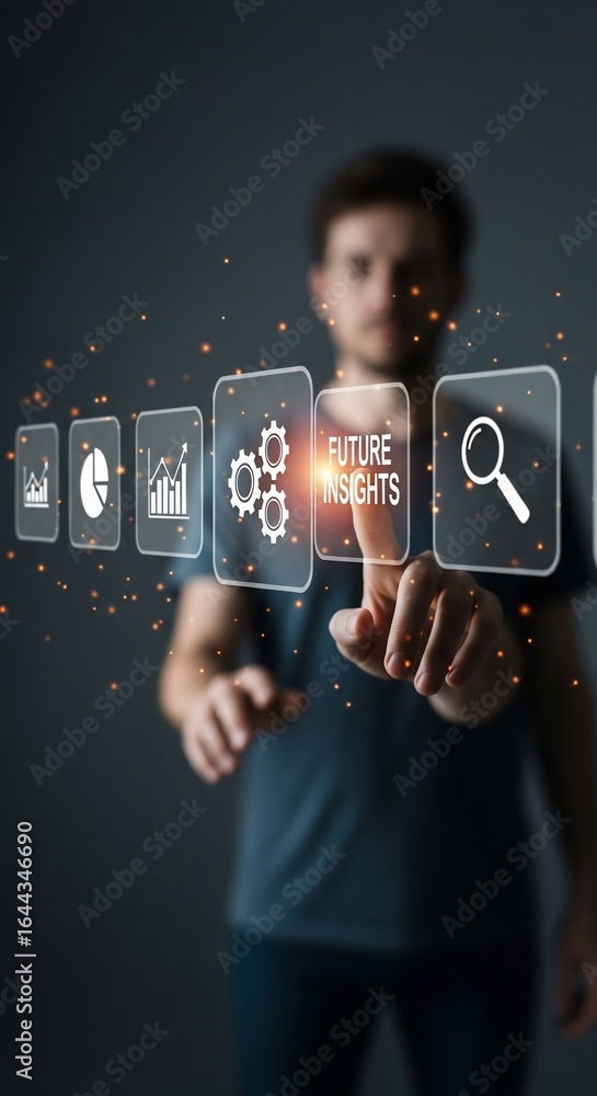 Poster mans finger touching future insights button data analysis concept.