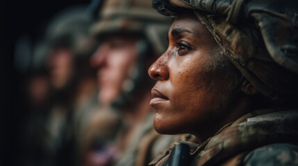 Obraz premium Close-up of focused soldier in camouflage during training.