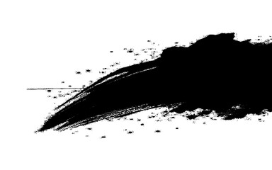 A dynamic, black ink brush stroke with splattered edges on a clean white background.