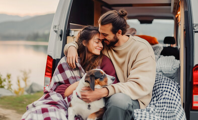 A couple of lovers man and a woman, are hugging while sitting in travel van with their dog against the backdrop of beautiful nature with a lake and mountains. People relaxing together in wild nature.