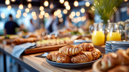 Bakery brunch buffet table laden with croissants and orange juice under warm lights, suggesting a casual, upscale dining experience.