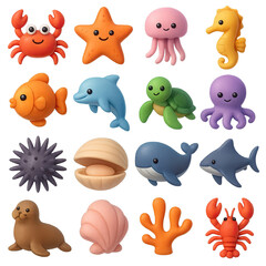 3d ocean life icon set featuring crab, starfish, jellyfish, seahorse, fish, turtle, and dolphin symbols