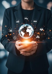 Person holding smartphone displaying glowing globe with digital network and business icons.