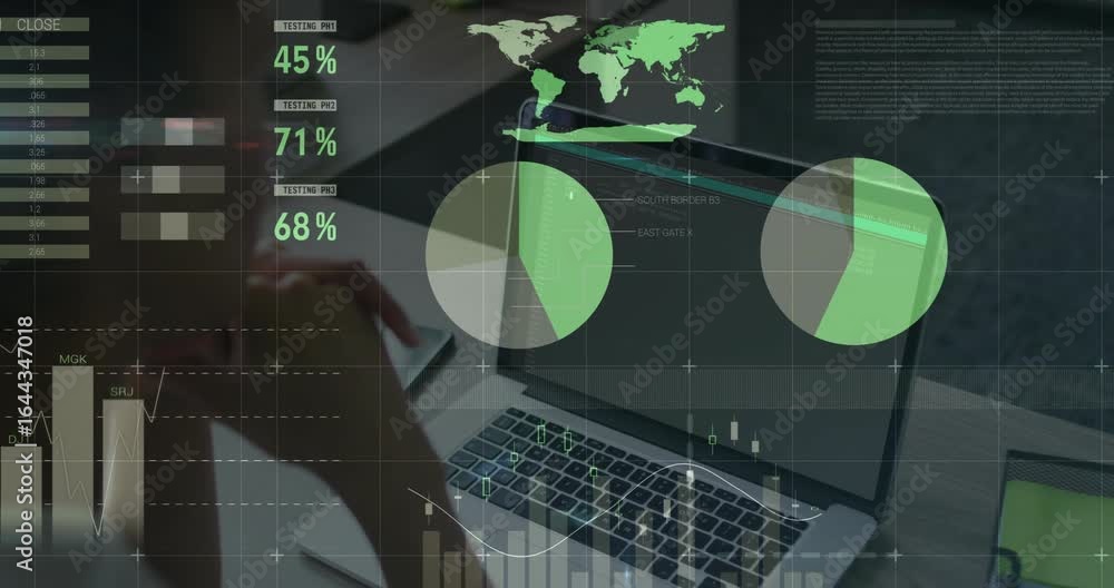 Poster woman's hand reviewing financial metrics and moving pen down as multiple charts and map animating