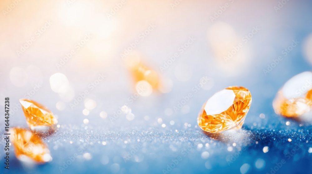 Poster shimmering orange gems scattered on a sparkling surface in soft light