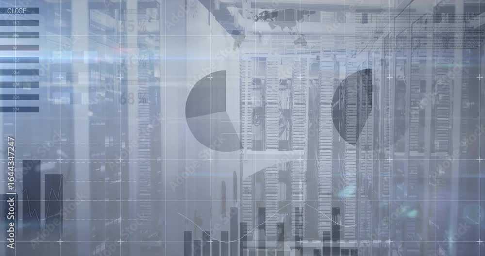 Aufkleber overlay pulsing initiating bar chart morphing pie segments, line graph sweeping beside server racks