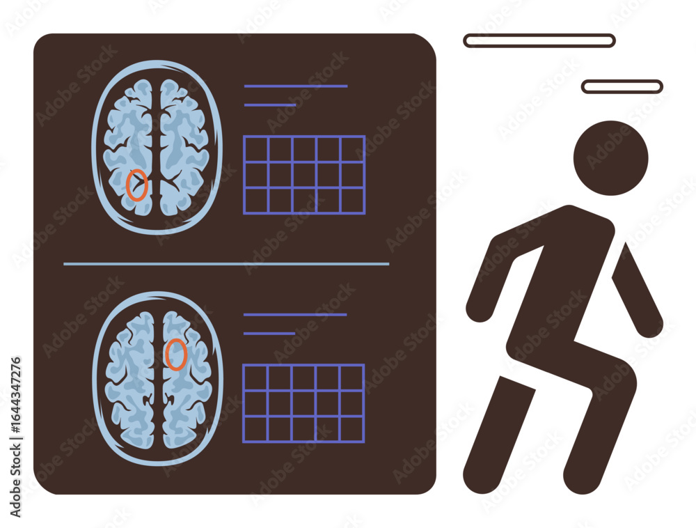 Poster brain cross-sections showing highlighted regions paired with a running figure. ideal for health, neu