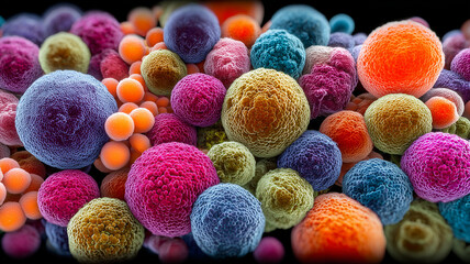 Dense constellation of multicolored cell spheres clustering in space, each textured with micro scale membranes.
