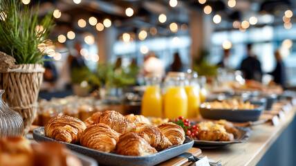 Buffet featuring pastries, juice, and assorted breakfast items. Delicious food for a great start to the day! Tasty and fresh.