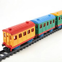 Obraz premium Colorful toy train cars on tracks isolated on white background