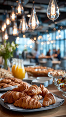 Fototapeta premium A breakfast buffet laid out with golden croissants, orange juice, and other assorted treats in a bright and airy meeting room.