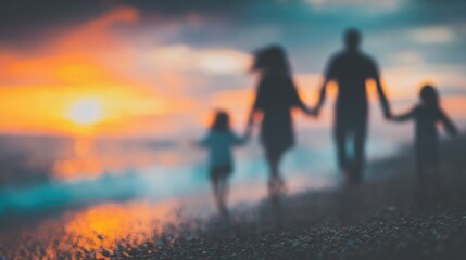 Family enjoying a sunset walk on the beach with children in hand