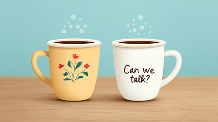 Can we talk? two coffee cups with message on wooden table for conversation concept and design