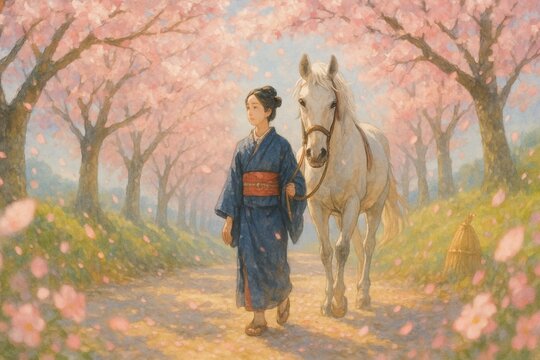 馬 馬の絵 桜 花の絵 テクスチャーアート さくら 馬 馬の絵 桜