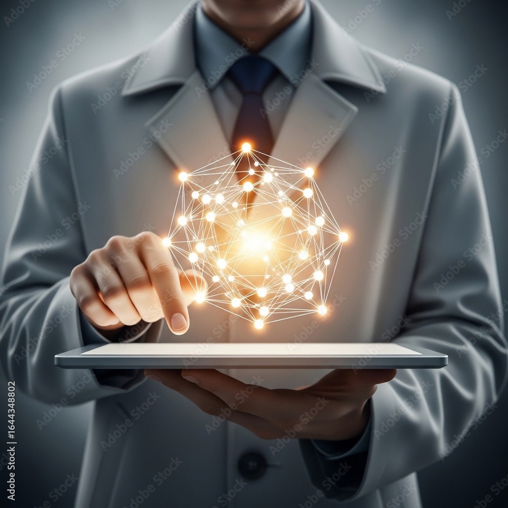 Poster man interacting with glowing network on tablet futuristic technology concept.