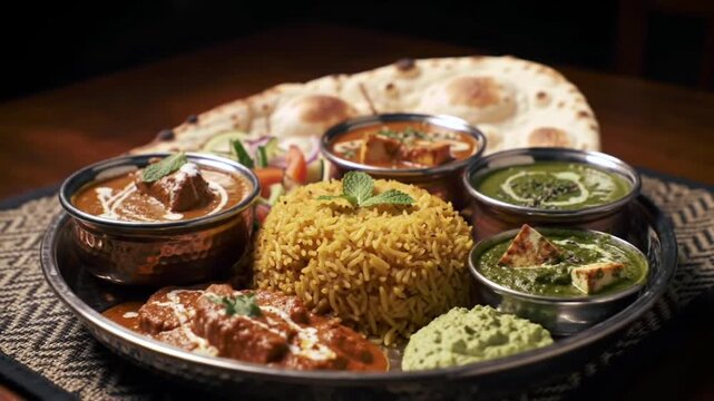 Gourmet Indian Food Thali with Assorted Curries, Rice, and Naan Bread