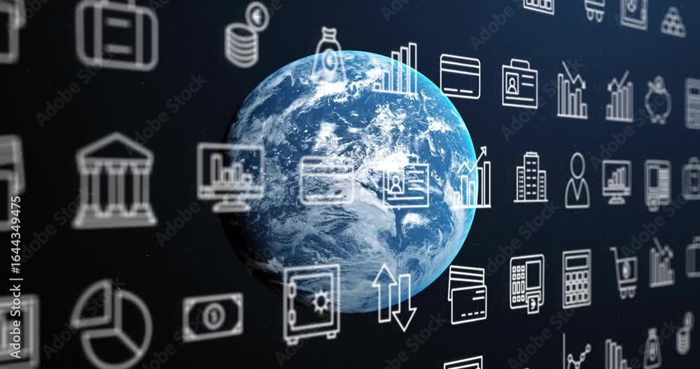 Poster on start globe rotating clockwise and financial icons scrolling horizontally showing global finance
