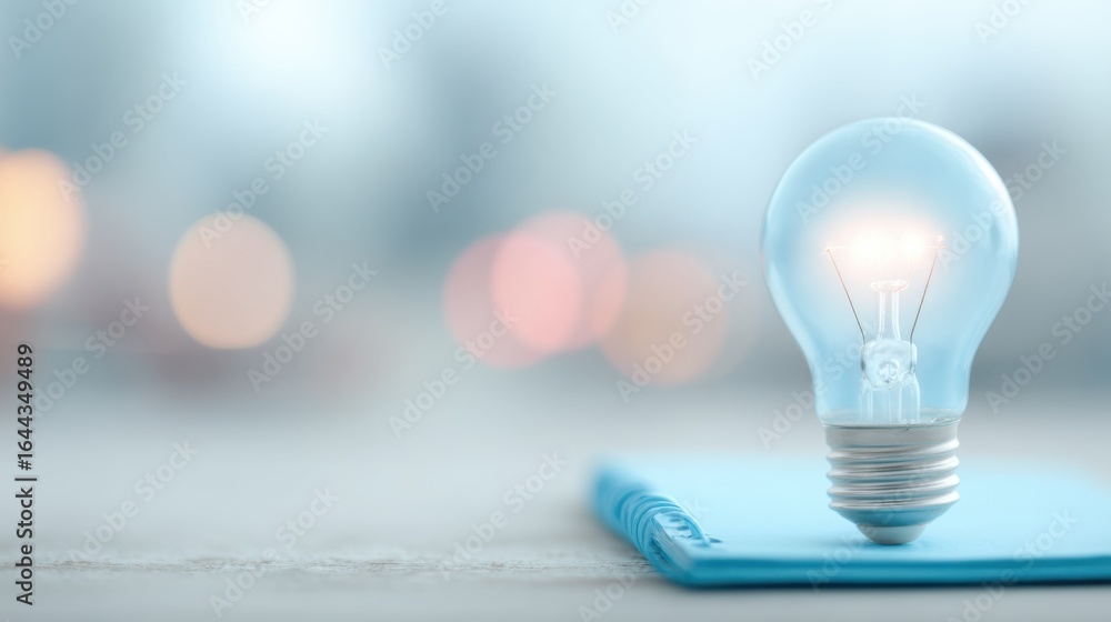 Aufkleber light bulb illuminated on a notebook with blurred background in soft light