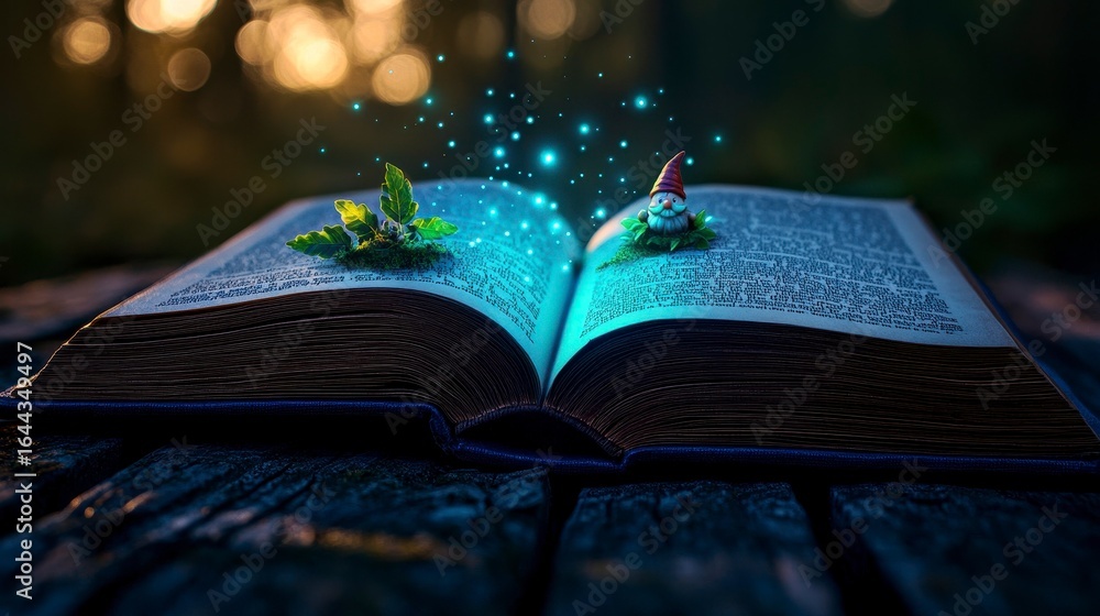 Poster an enchanting open book with magical elements and a gnome surrounded by sparkling lights, set in a m