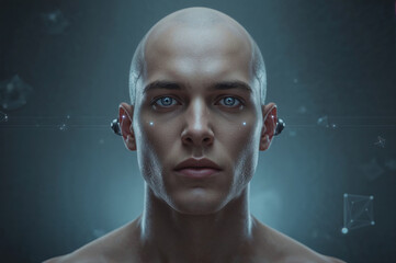Hyper-realistic portrait of futuristic cybernetic man with glowing circuits, holographic eyes, and neural implants in cinematic lighting