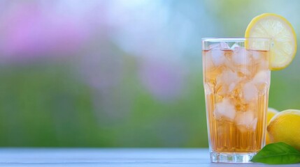 Refreshing iced tea with lemon in a sunny outdoor setting
