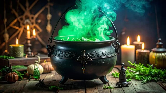 Spooky cauldron with green smoke