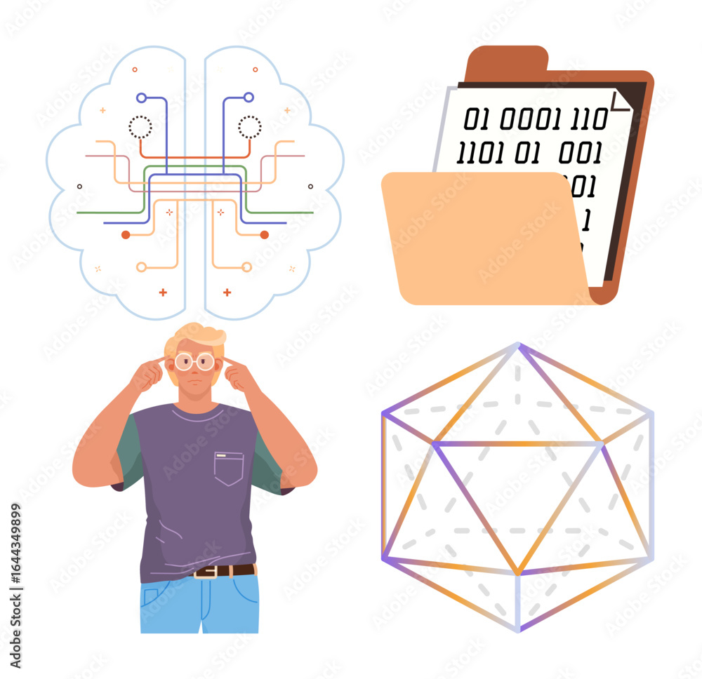 Poster brain connected to circuits, binary data document, person adjusting glasses, and 3d geometric figure