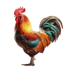 Fototapeta premium Rooster standing, vibrant plumage, dark background, farm animal, agricultural use