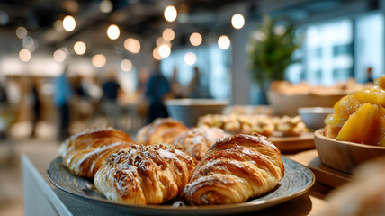 Close-up of delicious pastries and fruit at a buffet-style breakfast. Warm and inviting with ample natural lighting.