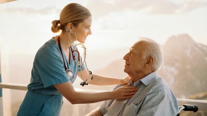 Caring nurse offering support to elderly patient in wheelchair with mountain view - Powered by Adobe