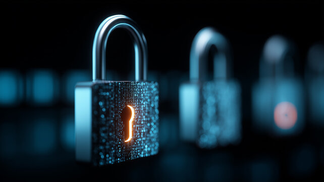 Row of modern padlocks with one illuminated keyhole, illustrating privileged access, differentiated security, and selective authentication.
