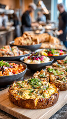 Fototapeta premium Elegant buffet display features gourmet quiche, salads, and artisanal bread, inviting guests to indulge in a delightful culinary experience.