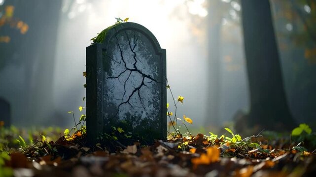 Weathered headstone in autumn forest