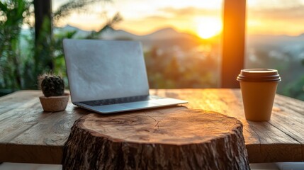 A cozy workspace with a laptop, coffee cup, and natural scenery during sunset, creating a warm and inviting atmosphere for productivity