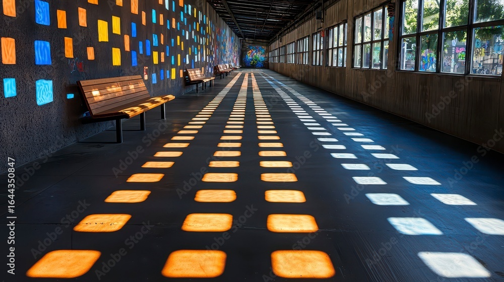 Poster vibrant and colorful corridor illuminated by natural light reflecting through translucent panels cas