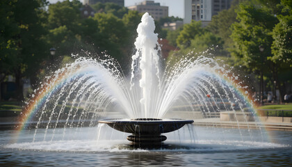 Fototapeta premium Water fountain featuring a vivid rainbow in the center of the flowing water creating a colorful and dynamic natural display