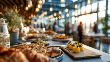 Elegant buffet at an event, featuring an assortment of breads, pastries, and appetizers, perfect for any social gathering.