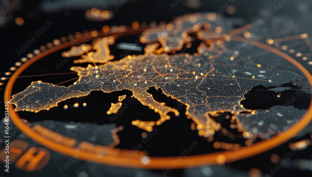 Poster glowing orange network map of europe, detailed with city lights and connecting lines, set within a c