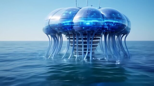 Futuristic jellyfish-like structure afloat on the ocean's surface